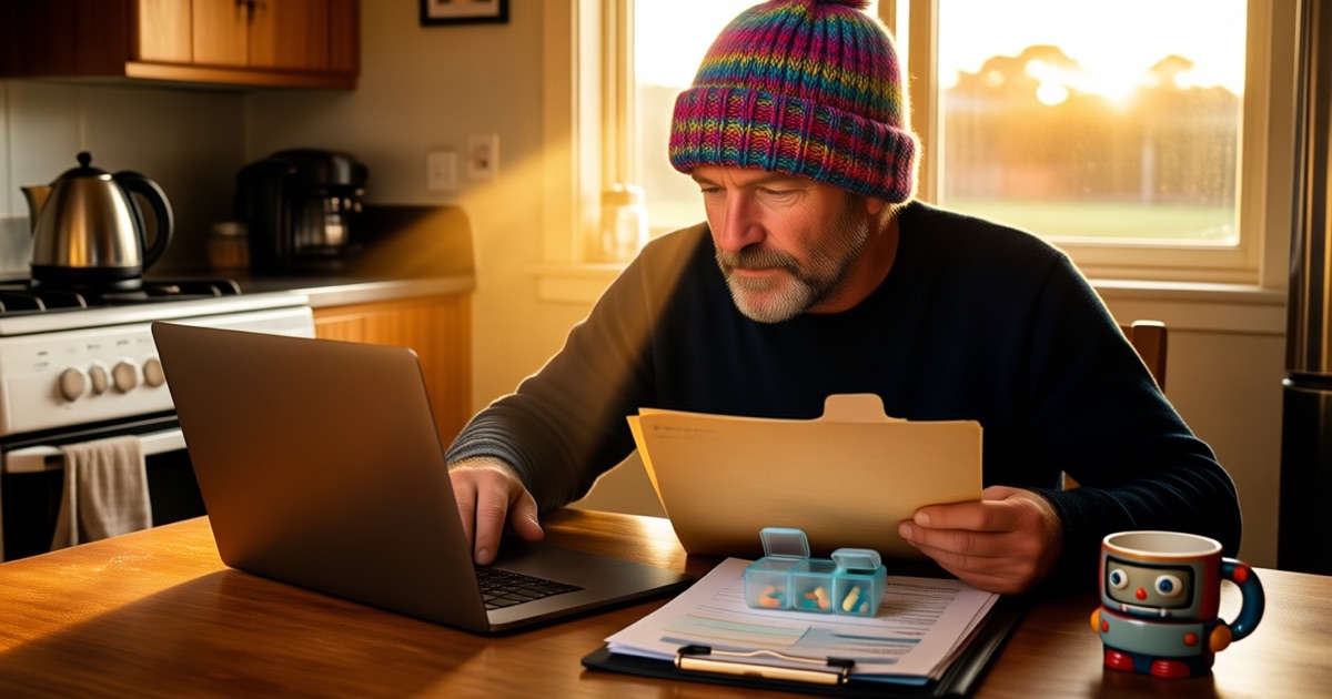A man in a colourful woolly beanie closes a laptop at a kitchen table beside a folder of personal documents and a weekly pill organiser