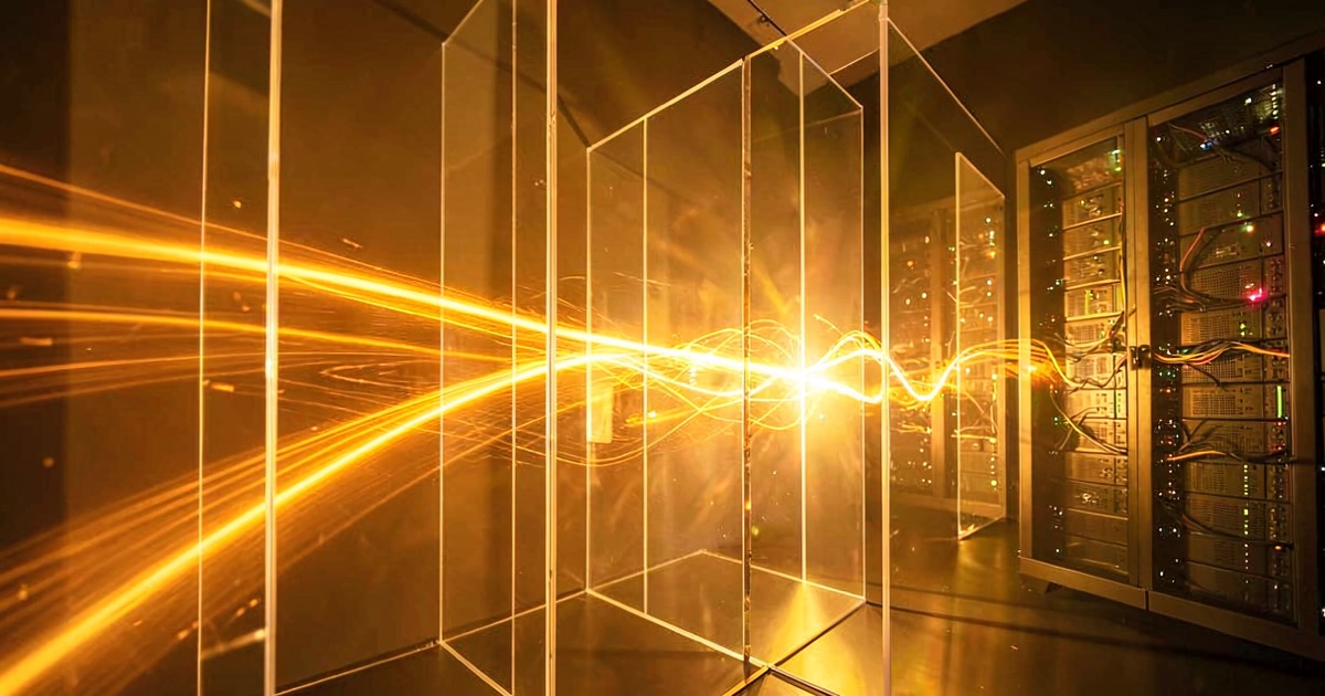 Abstract composition of a bright amber light trail breaking through multiple translucent glass barriers and reaching a distant glowing server rack, warm golden lighting, no text visible