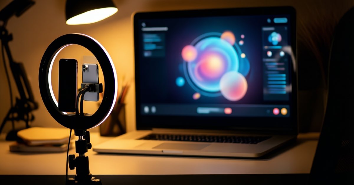 A ring light and smartphone on a desk facing an abstract glowing chat interface, warm studio light in a dim room, shallow depth of field, no people