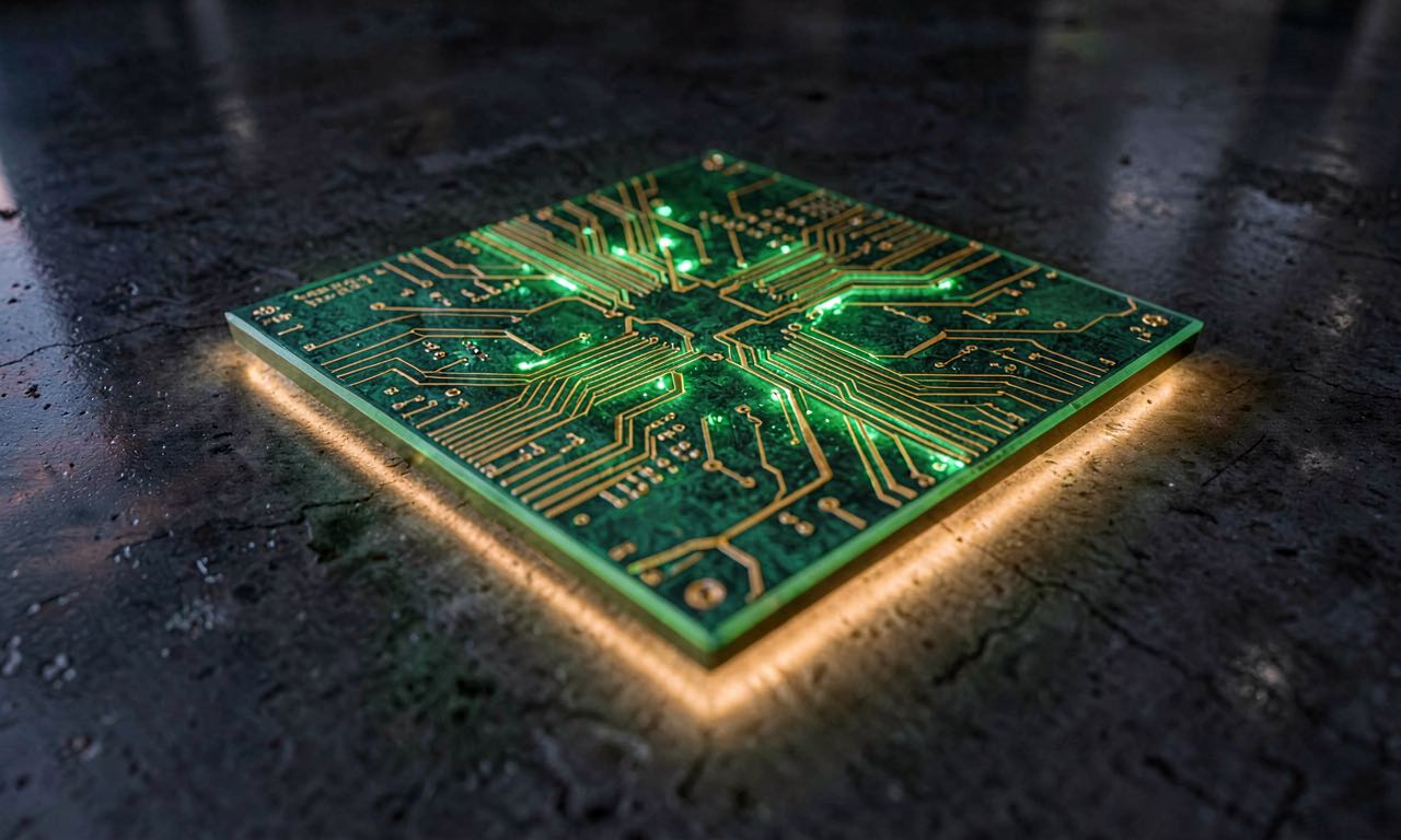 A silicon wafer glowing with green and gold circuit patterns on a dark polished concrete surface, representing custom AI chip design.