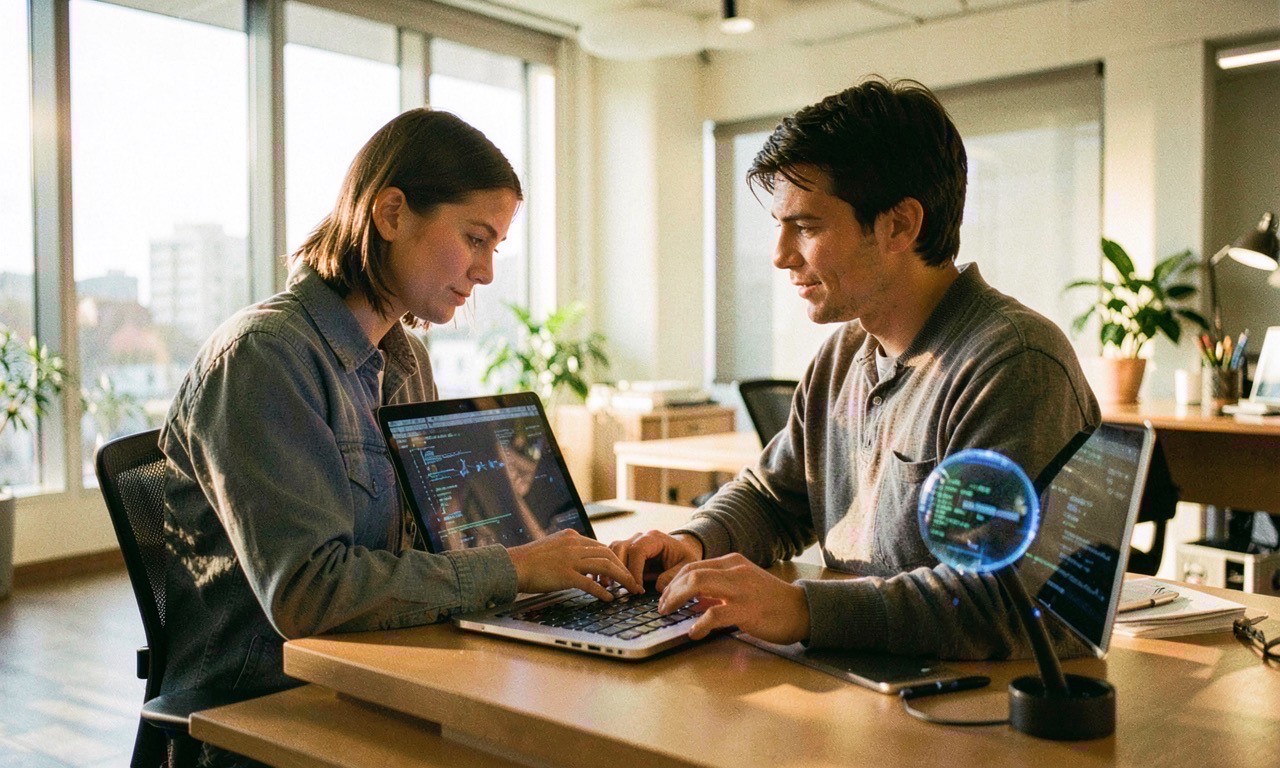 Person working alongside AI on a laptop in a modern office, warm lighting