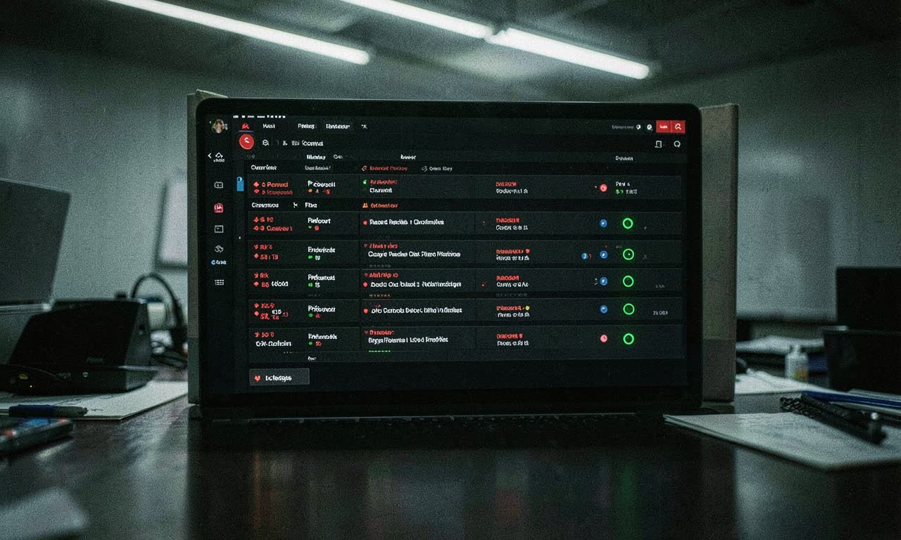 A detailed data dashboard showing job categories with red and green risk indicators on a dark screen, photojournalistic style, dramatic lighting