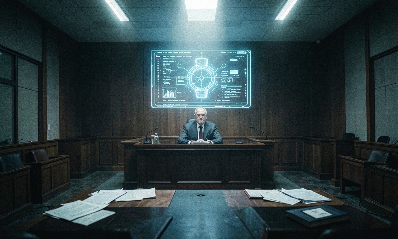 A courtroom with a glowing AI interface on the witness stand, dramatic lighting, photojournalistic style