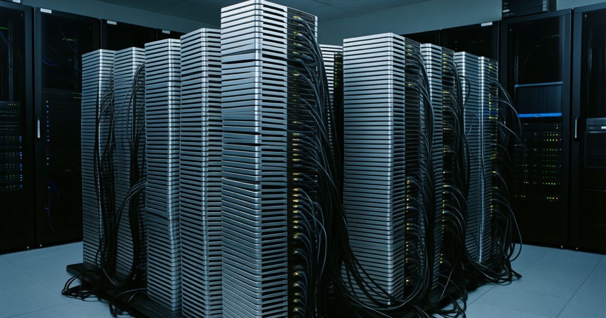 Stacks of Mac mini computers cabled together in a dim data room, their status lights glowing like a library of small silver computers