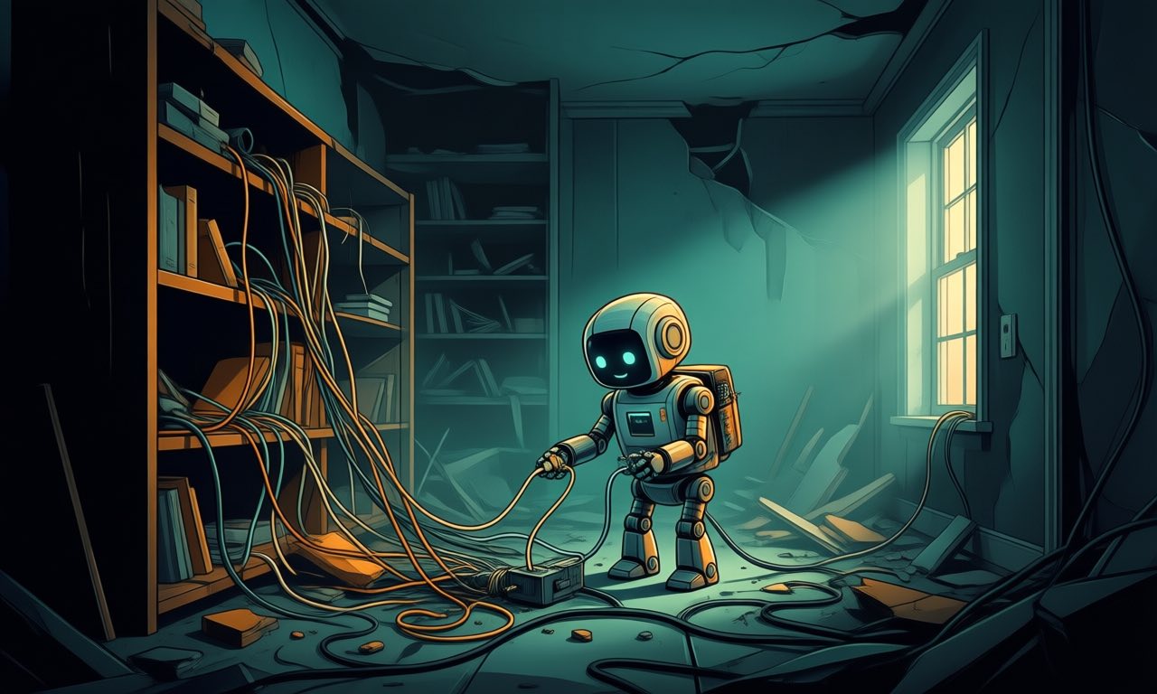A small robot methodically wrecking its own room, breaking shelves and cables, editorial illustration in teal and amber on a dark background