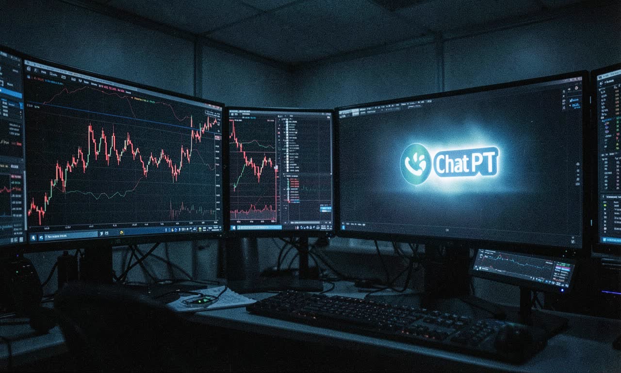 Stock charts on screens showing declining numbers in a dark trading room