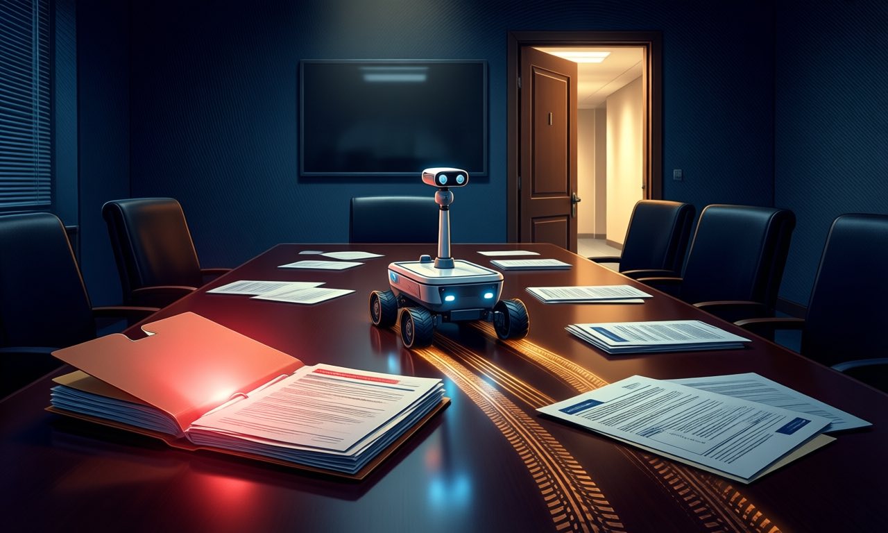 A small autonomous rover leaving glowing tracks across scattered document folders on a dark boardroom table at night, an office door ajar in the background