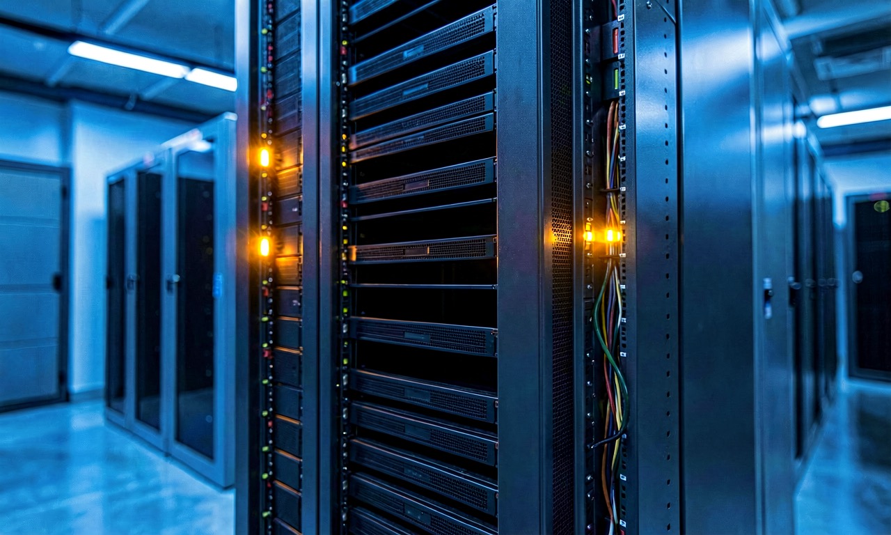 A minimalist server room aisle with a single rack powered down, photographed in cool blue light with shallow depth of field.