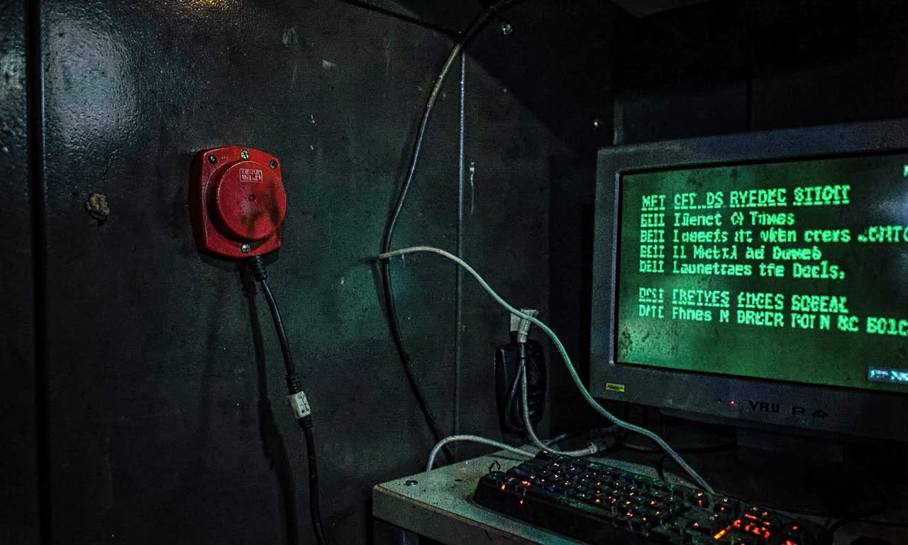 A dark server room with a red emergency shutdown button on the wall, its cable unplugged and dangling, a terminal monitor displaying green text, dramatic red and green lighting, documentary photojournalistic style