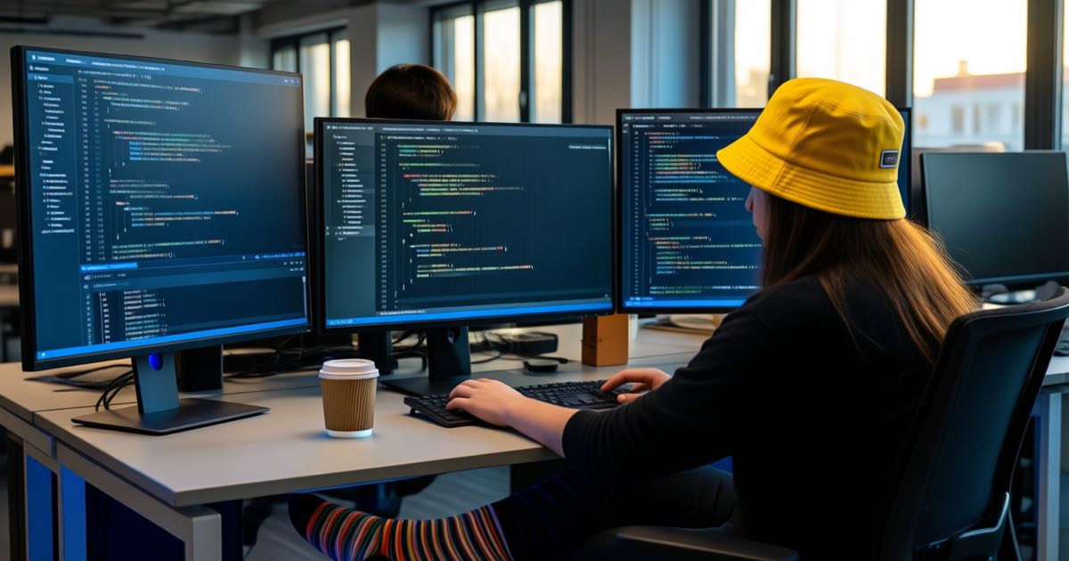 Two researchers at a monitor-filled desk in a modern office at dawn, one in a yellow bucket hat, screens showing code and progress charts, documentary photography