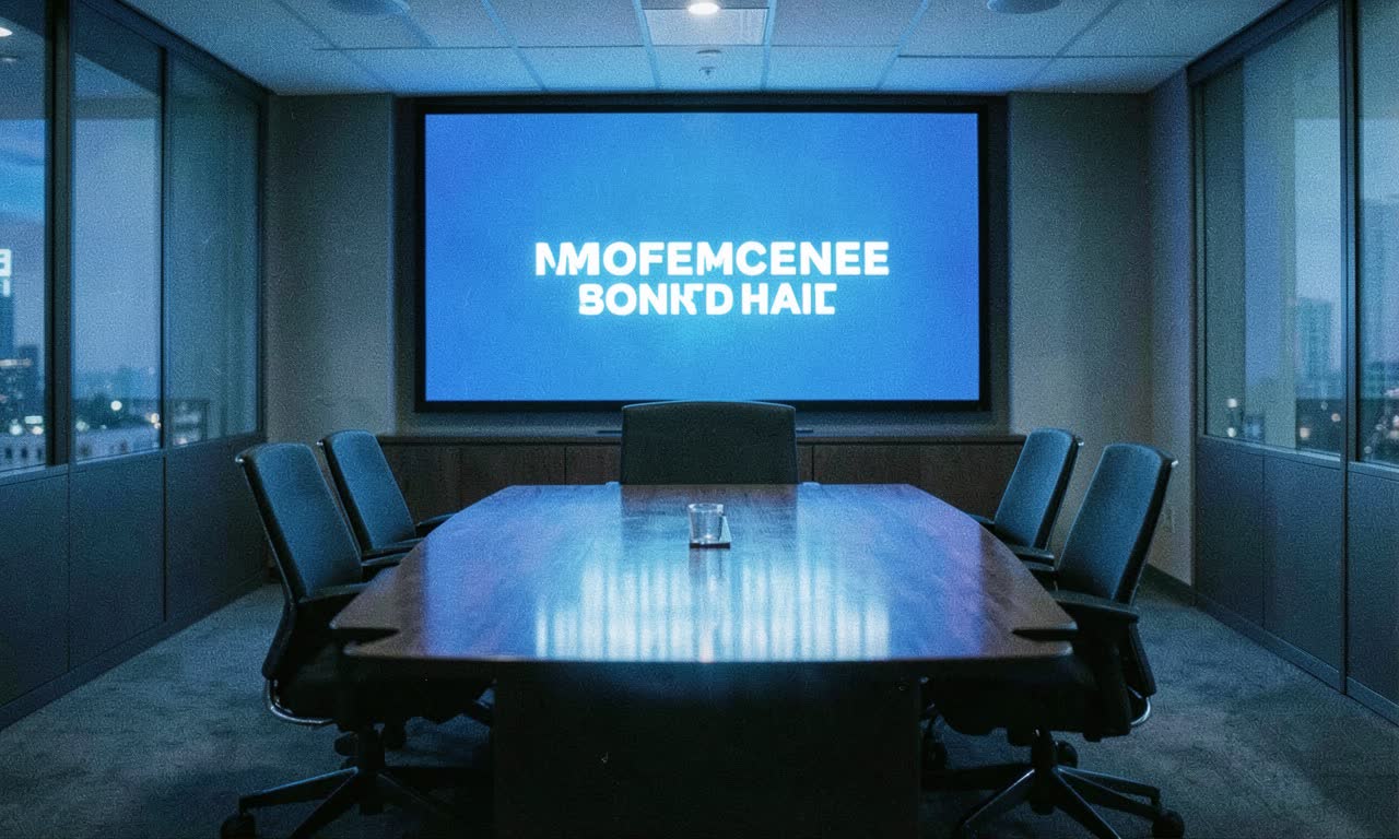 A corporate boardroom with a glowing OpenAI logo on a screen, empty chairs around the table, cold blue lighting