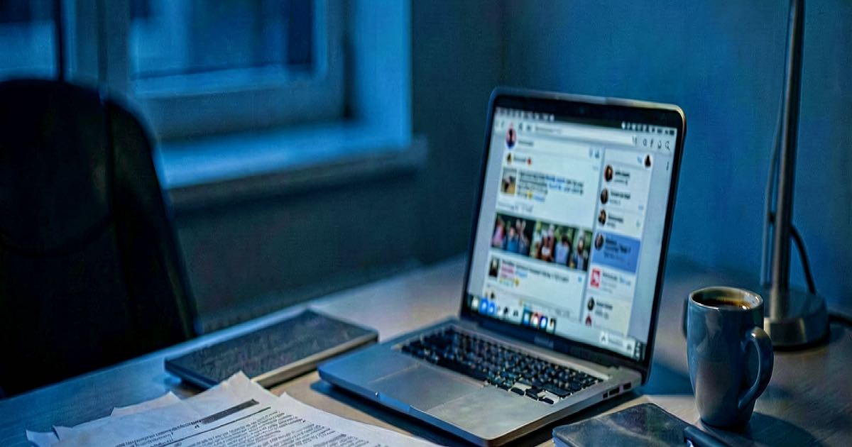 A dimly lit desk with a laptop showing social media feeds, a stack of printed academic papers, and a Russian-language keyboard, photographed in documentary style.