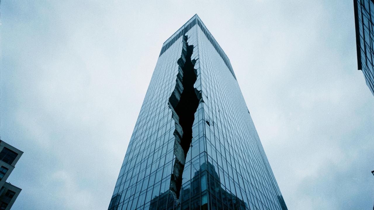 A corporate office tower with a fractured glass facade, cold lighting, documentary style