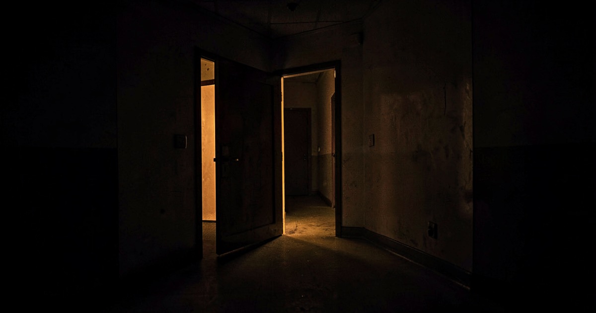 An abstract composition of a door left ajar in a dark corridor, warm light spilling through the gap into a dim institutional space.