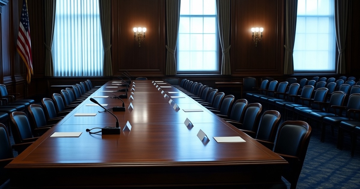 An empty committee room with a long wooden table, name placards and microphones, American flag to one side, cool morning light through tall windows
