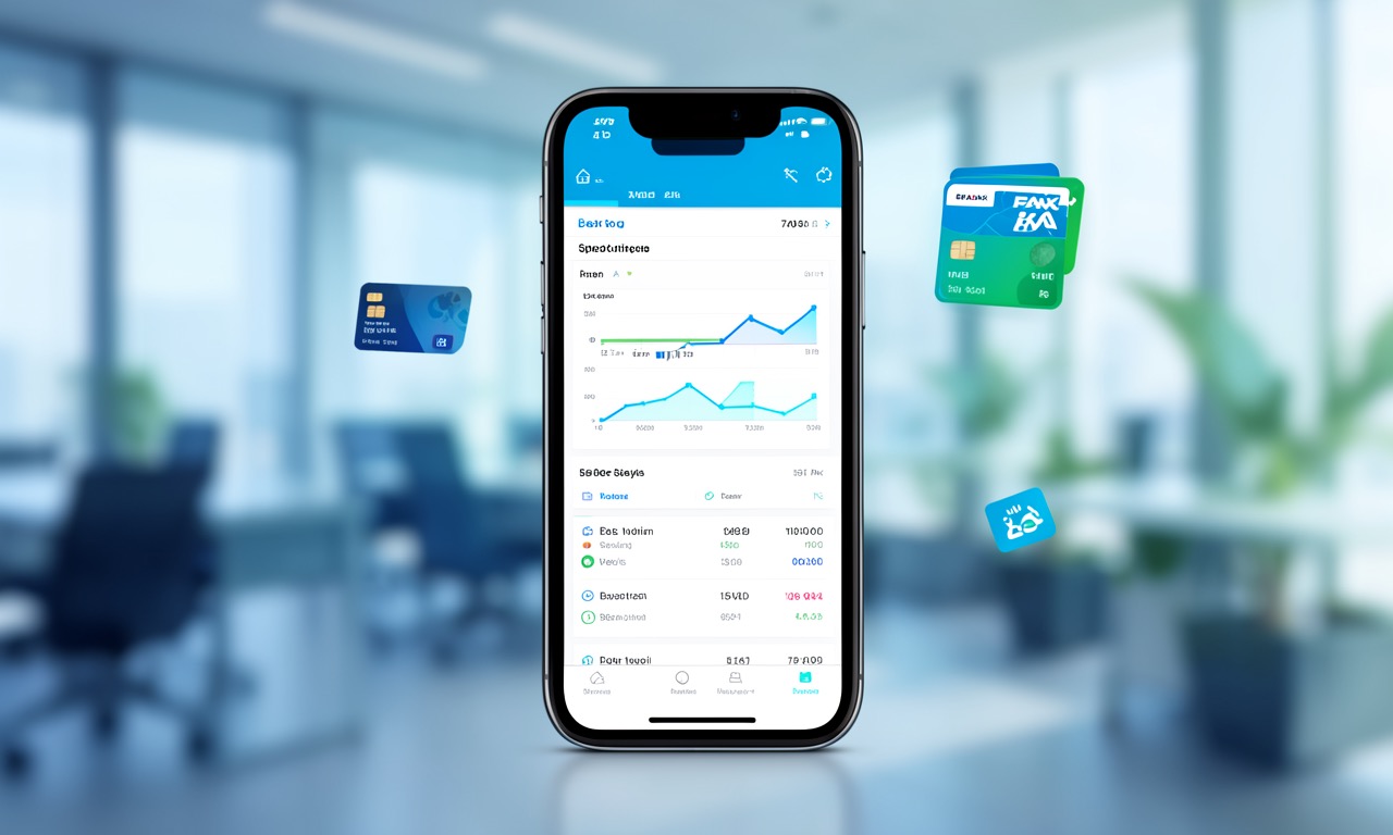 A smartphone showing a finance dashboard with spending analytics, overlaid on a blurred office background, clean modern UI, professional product photography style