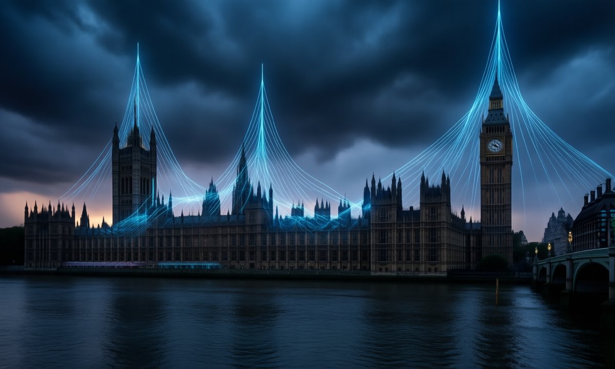 The Houses of Parliament in London at dusk under heavy storm clouds, a translucent web of thin blue data lines glowing over the River Thames
