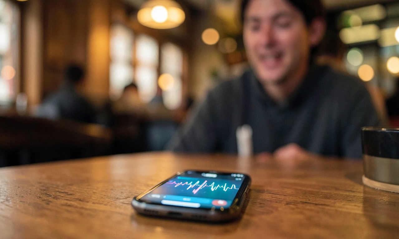 Close-up of a smartphone on a cafe table showing a voice interface with waveform animation, a person speaking blurred in the background, warm documentary photography style