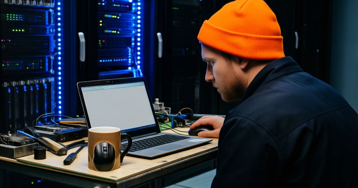 Two engineers in a server room study a laptop showing blank panels, one in a bright orange beanie, cool blue rack lights behind them