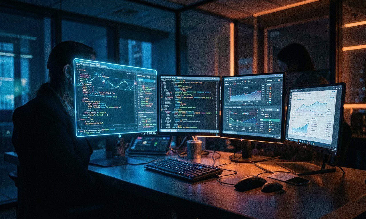 Holographic AI assistant at a corporate desk with multiple screens, blue and orange lighting