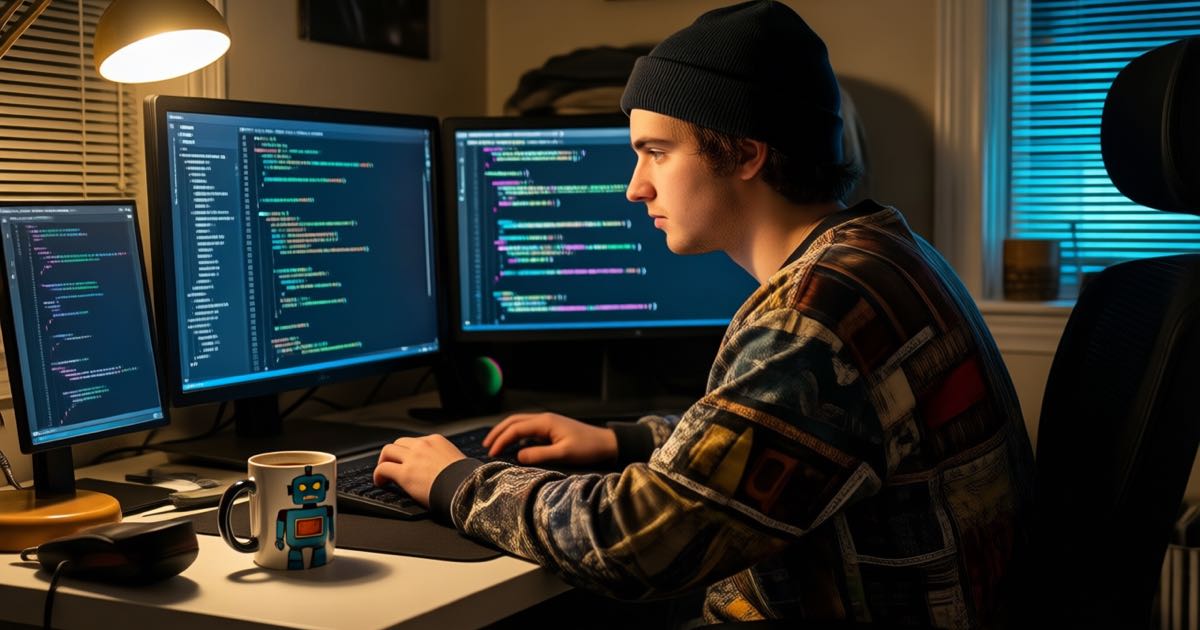 Developer in a beanie working on open source software at a home desk at night