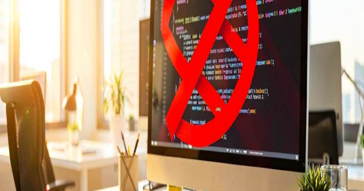 A bright sunlit software code repository with a red prohibition symbol overlaying an AI-generated code block, warm golden light reflecting off a modern glass office building in the background