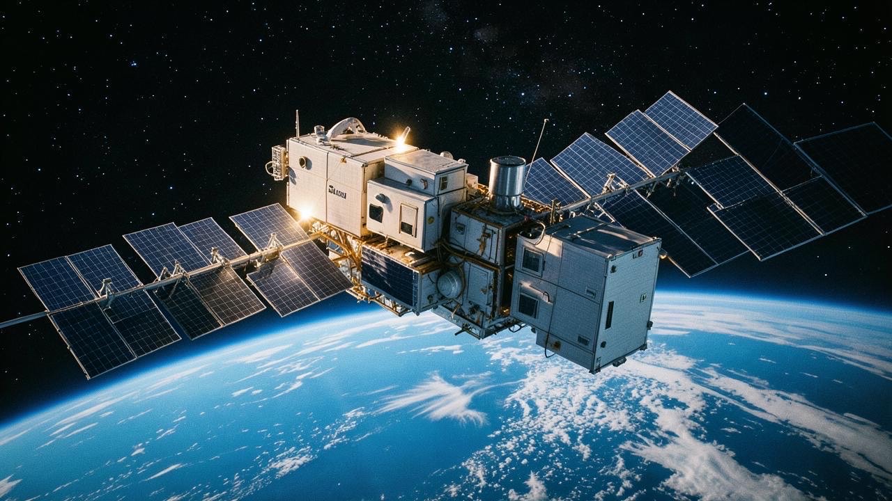 Satellite-based compute cluster in low Earth orbit with solar panels and data streams, Earth visible below