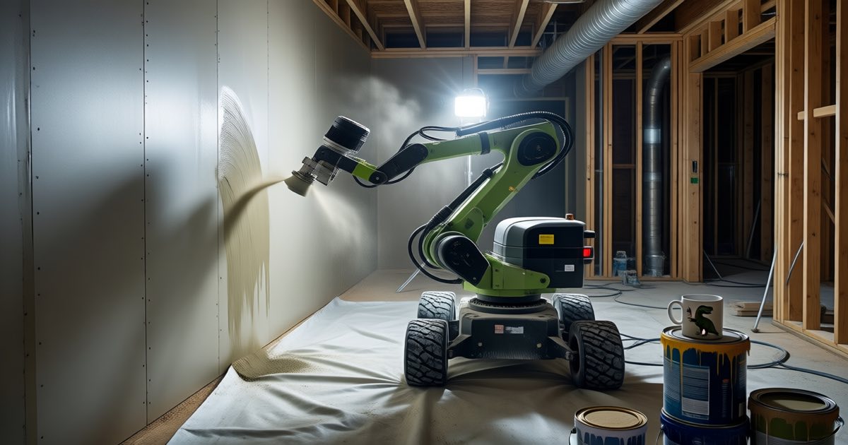 An autonomous wall-finishing robot on a three-wheeled platform sands a large bare drywall wall inside an unfinished house, work lights and drop sheets around it.