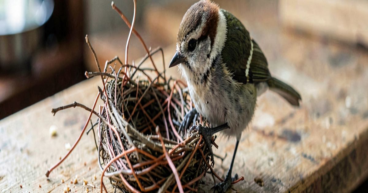 A small bird building a nest out of twigs and wire on a workbench, photographed in natural light with shallow depth of field, documentary style.