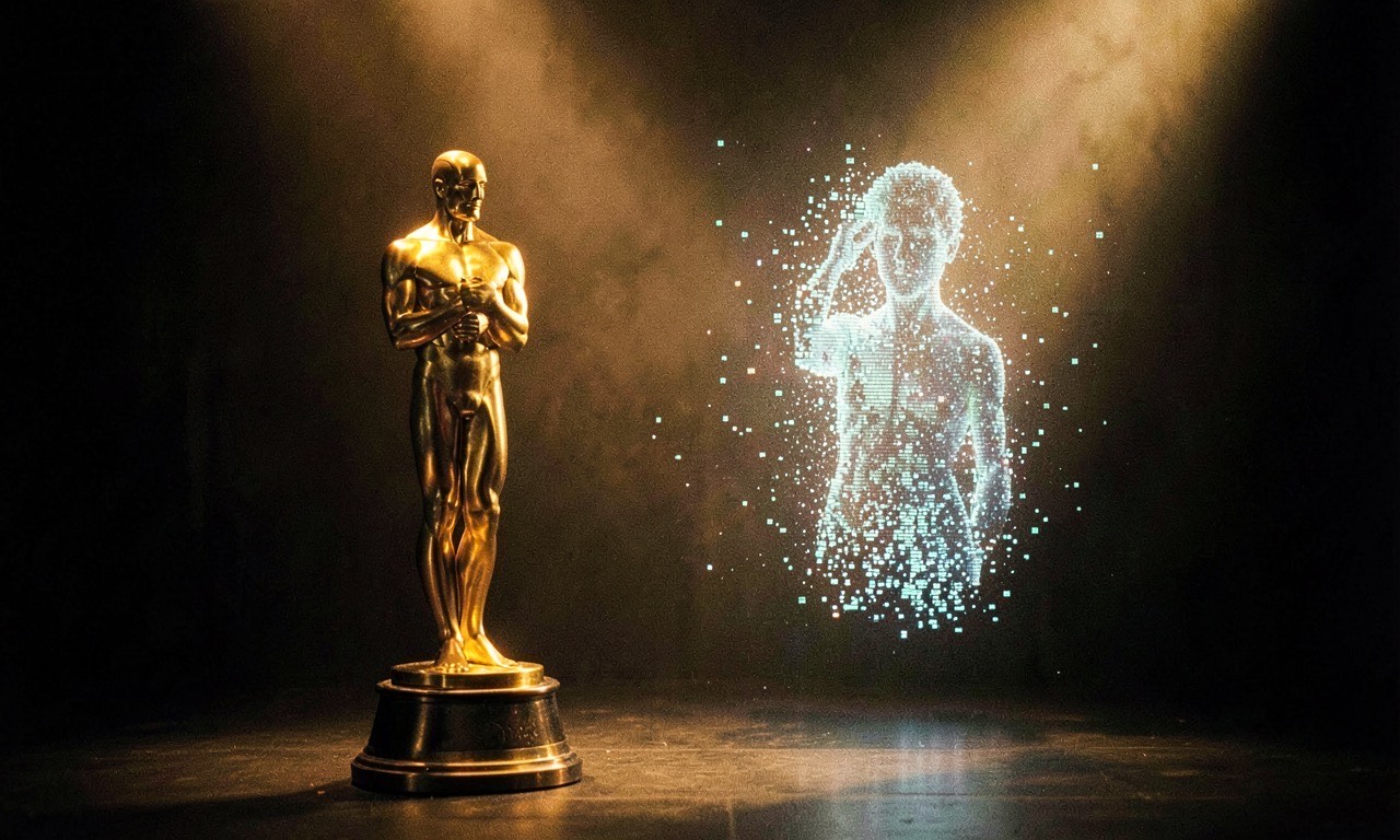 An Oscar statuette on a stage with a digital ghost fading beside it, warm golden spotlight, cinematic