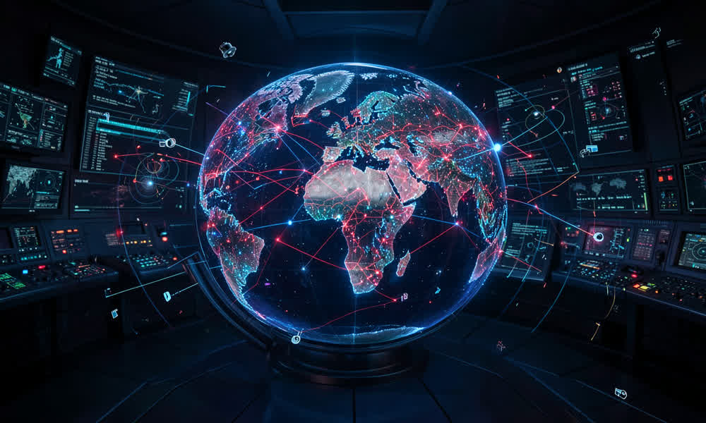 3D globe interface showing flight paths, satellite orbits, and data nodes in a dark control room