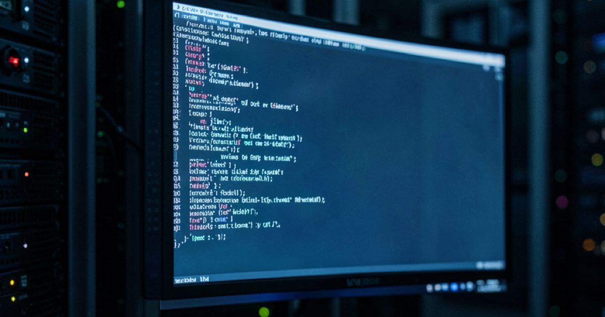 A dark server room with a single illuminated screen showing anonymous code, representing a stealth AI model deployed without attribution.