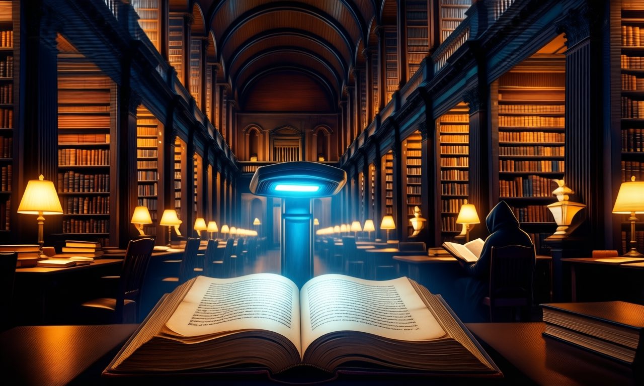 An historic library reading room with towering dark wooden bookshelves, a scanner's glow illuminating an open centuries-old manuscript