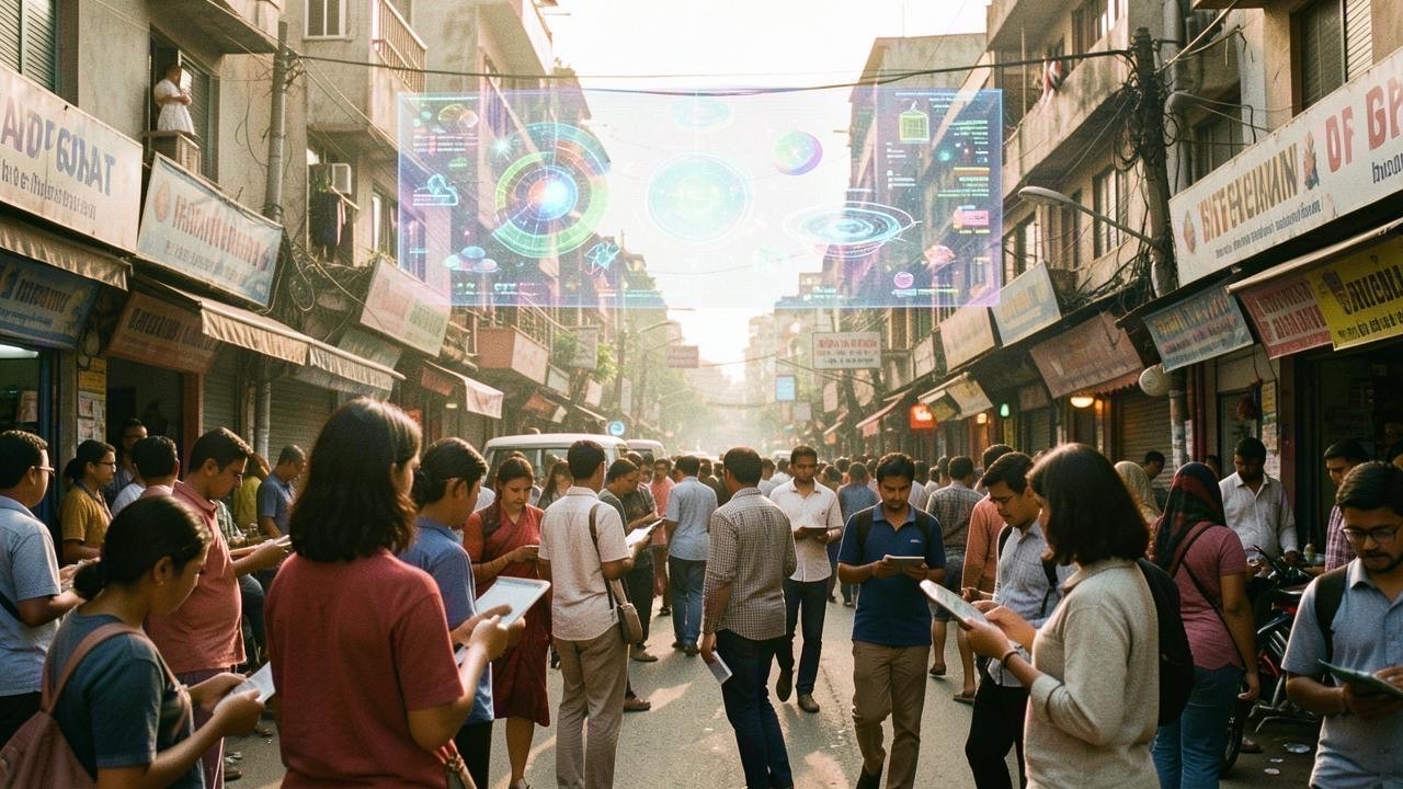 South Asian city with young people using AI technology, representing emerging economy AI investment