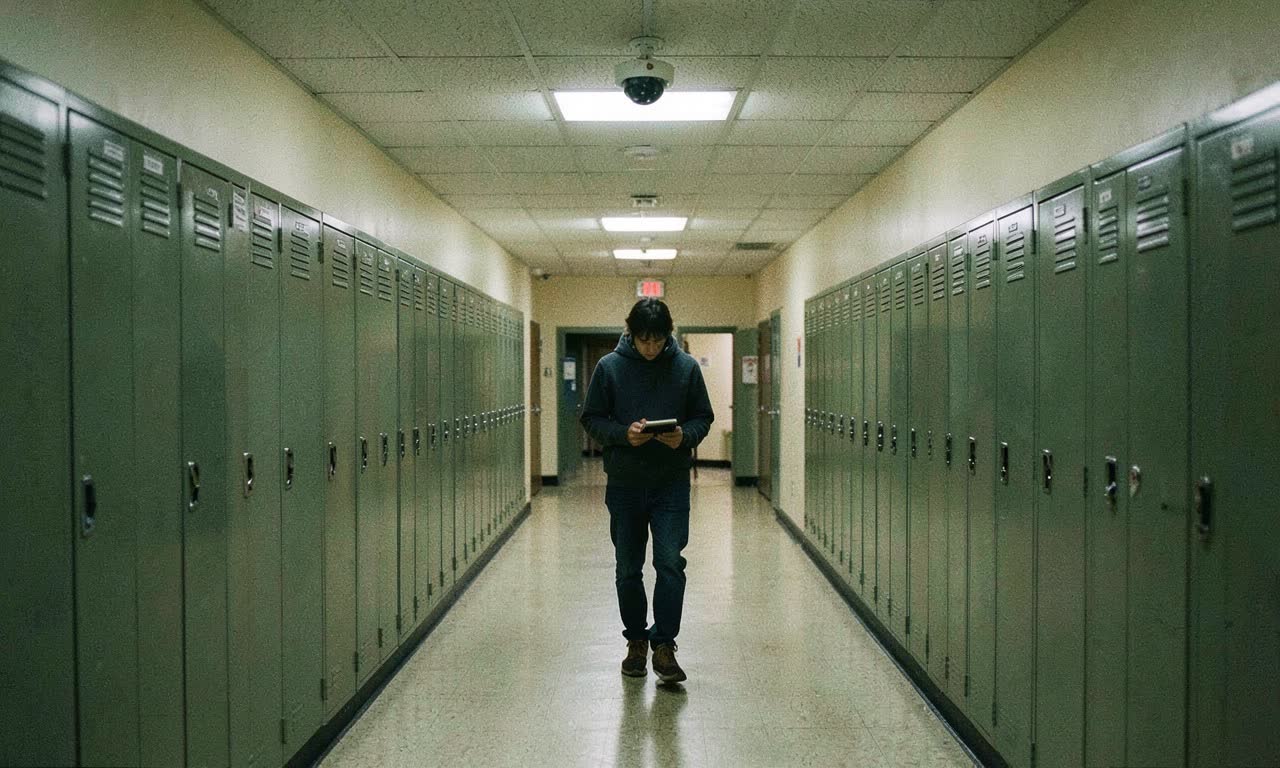School hallway with lockers and security cameras, fluorescent lighting, documentary style photography