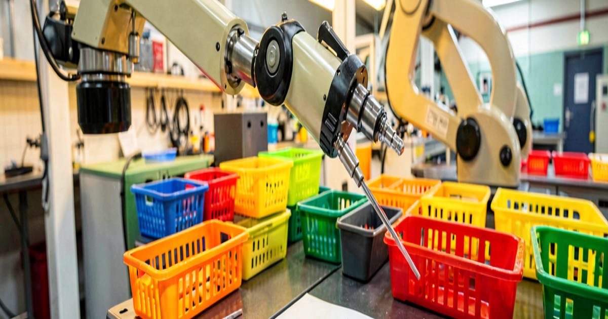 A robotic arm reaching toward a sorting station with colorful baskets, a small white note lying on the workbench nearby, bright warm lighting in a modern industrial setting