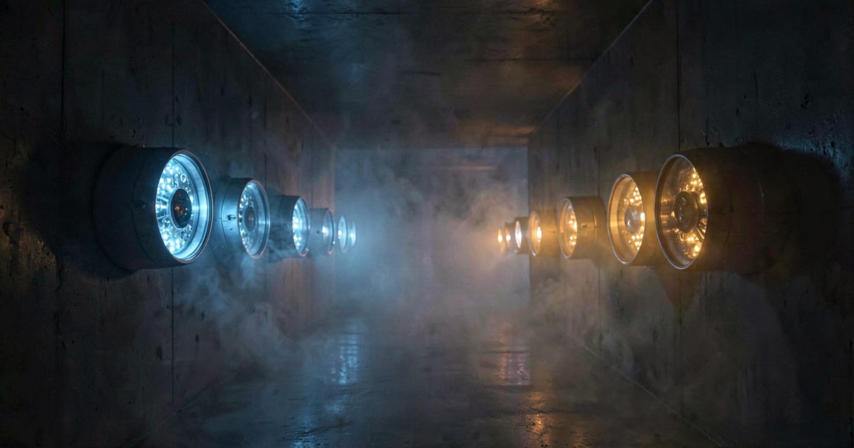A dark hallway with multiple glowing camera lenses emerging from walls in cold blue and amber light