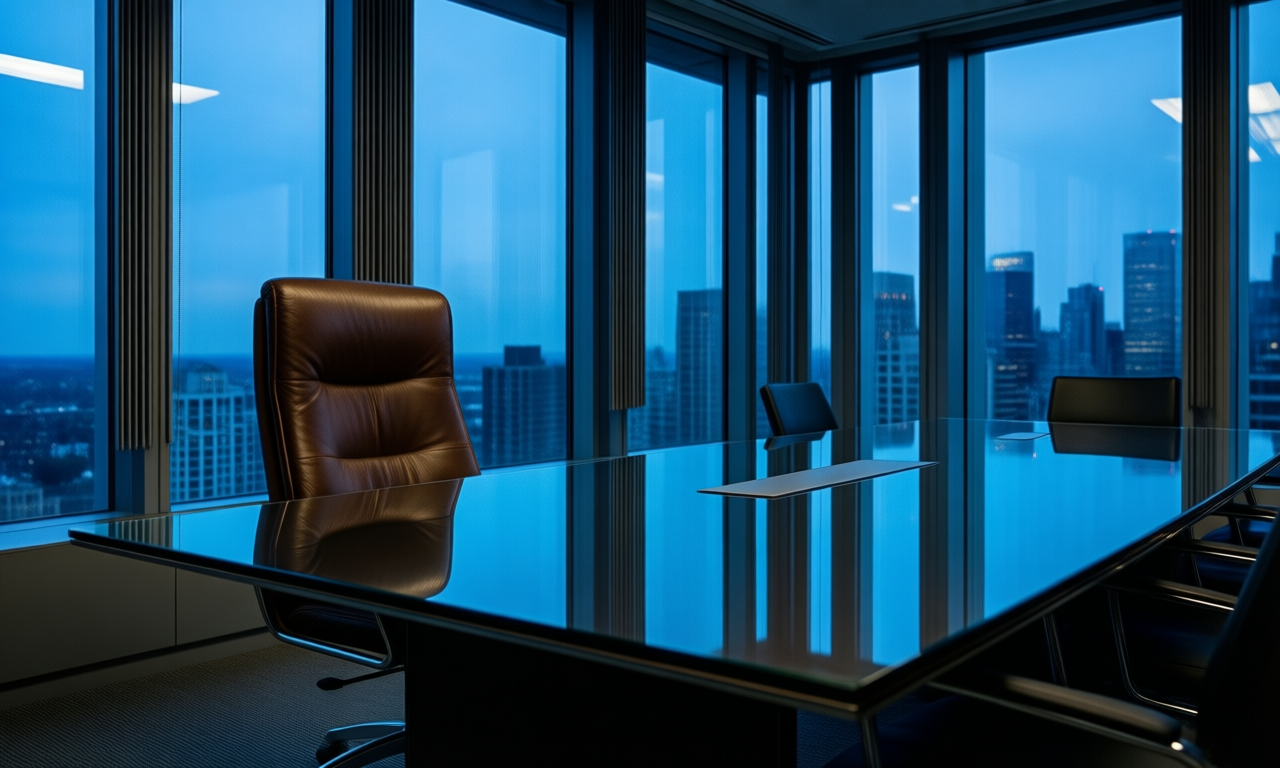 An empty leather chair at the head of a long glass boardroom table, floor-to-ceiling windows with a dusk city skyline and soft blue-hour light reflecting on polished surfaces