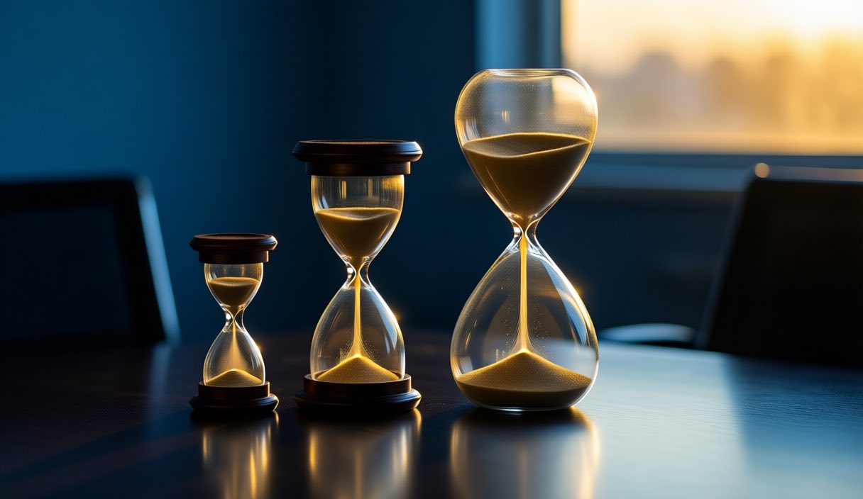 Three hourglasses of different sizes in a row on a dark boardroom table in warm golden afterlight, sand mid-fall in each, deep blue shadows behind