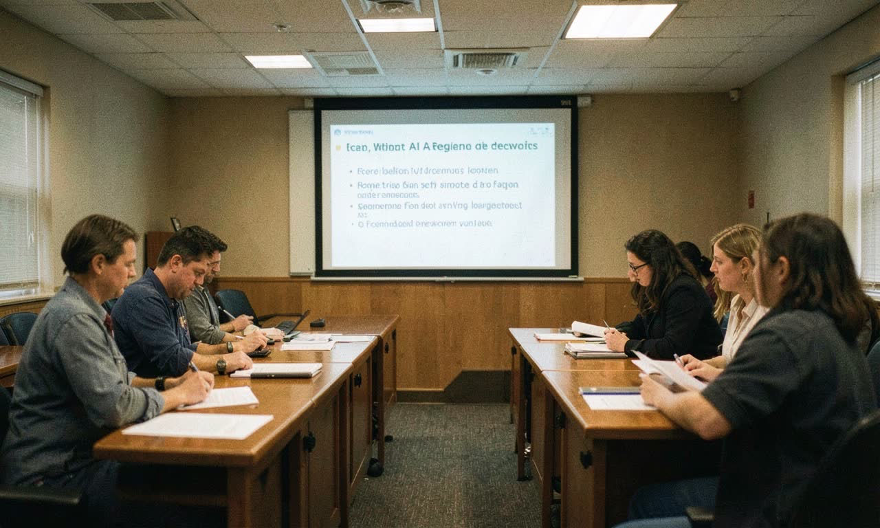 A school board meeting room with teachers holding documents and a projection screen showing AI regulation text, muted colors, documentary style