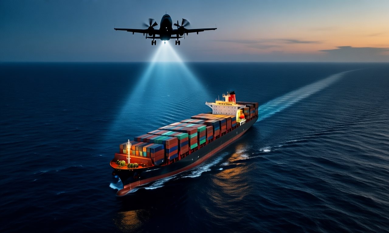 A large cargo ship moving through dark open ocean at dusk with a military aircraft silhouette above casting a searchlight toward it, moody blue and amber tones, photorealistic