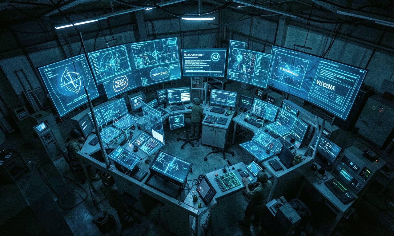 Military operations center with multiple AI vendor displays on classified network infrastructure, cold blue lighting, photojournalistic