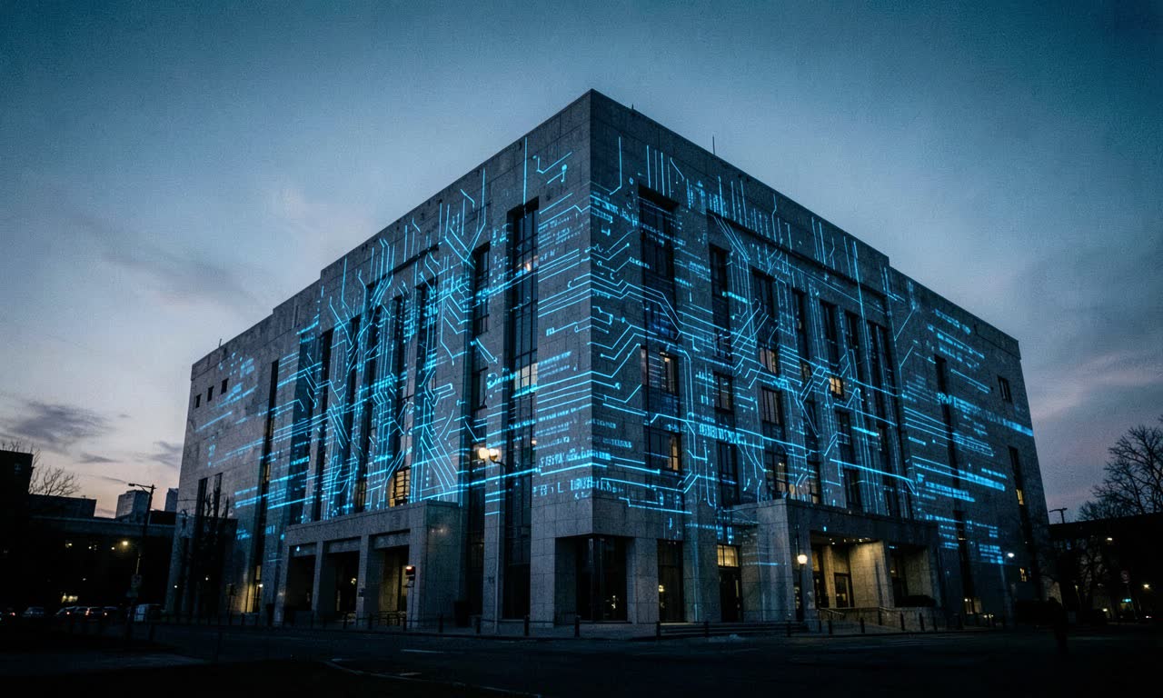 A Pentagon building at dusk with digital data streams overlay, cold blue lighting, cinematic
