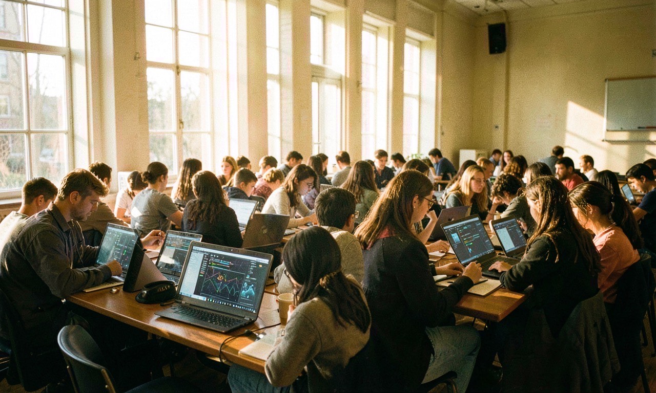 A university lecture hall with students of diverse backgrounds looking at screens showing AI tools, warm afternoon light, documentary style