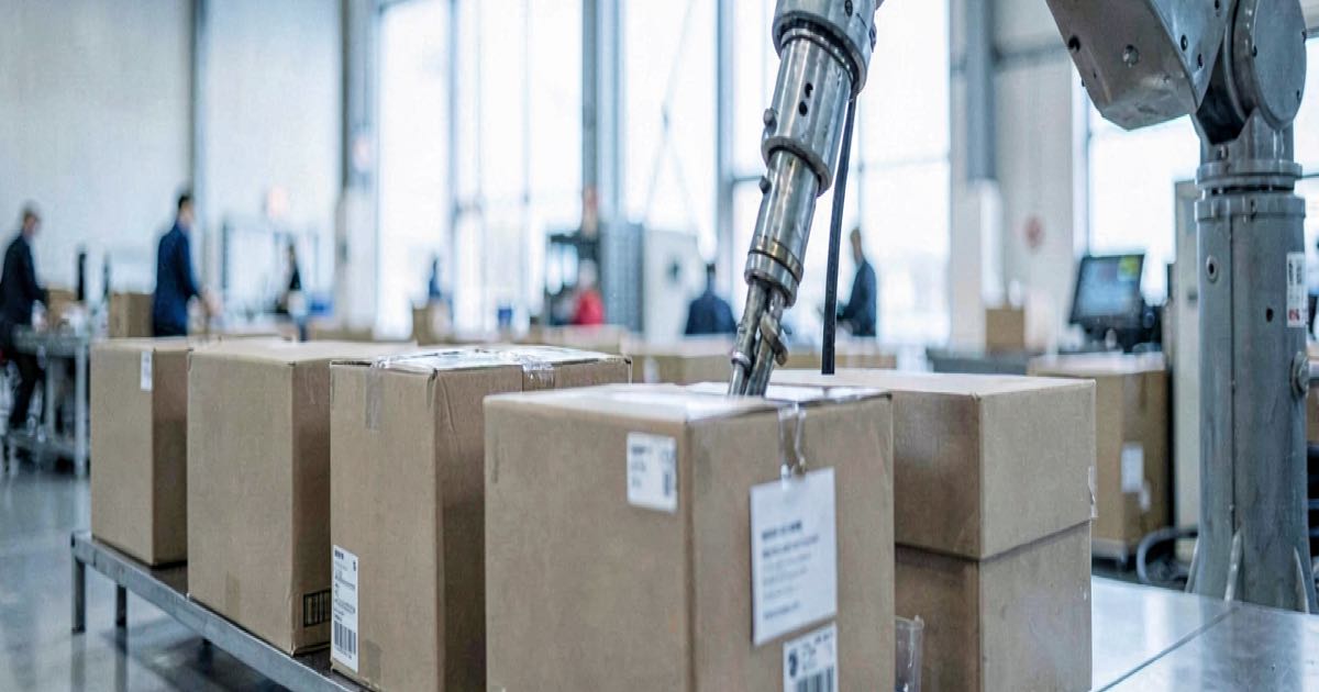 A robotic arm sorting packages on a factory floor, viewed from above in cool industrial lighting with shallow depth of field.