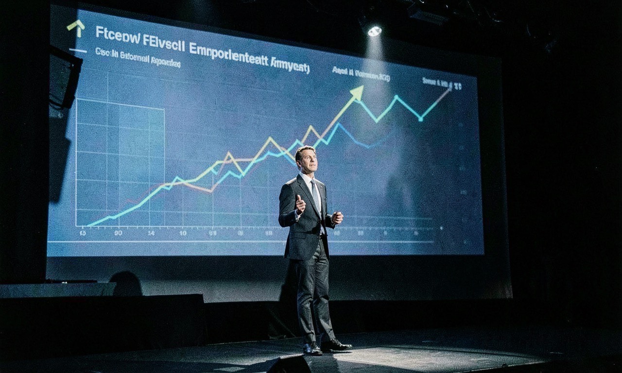 A tech CEO on a conference stage with a large screen behind showing declining employment graphs, harsh stage lighting, photojournalistic