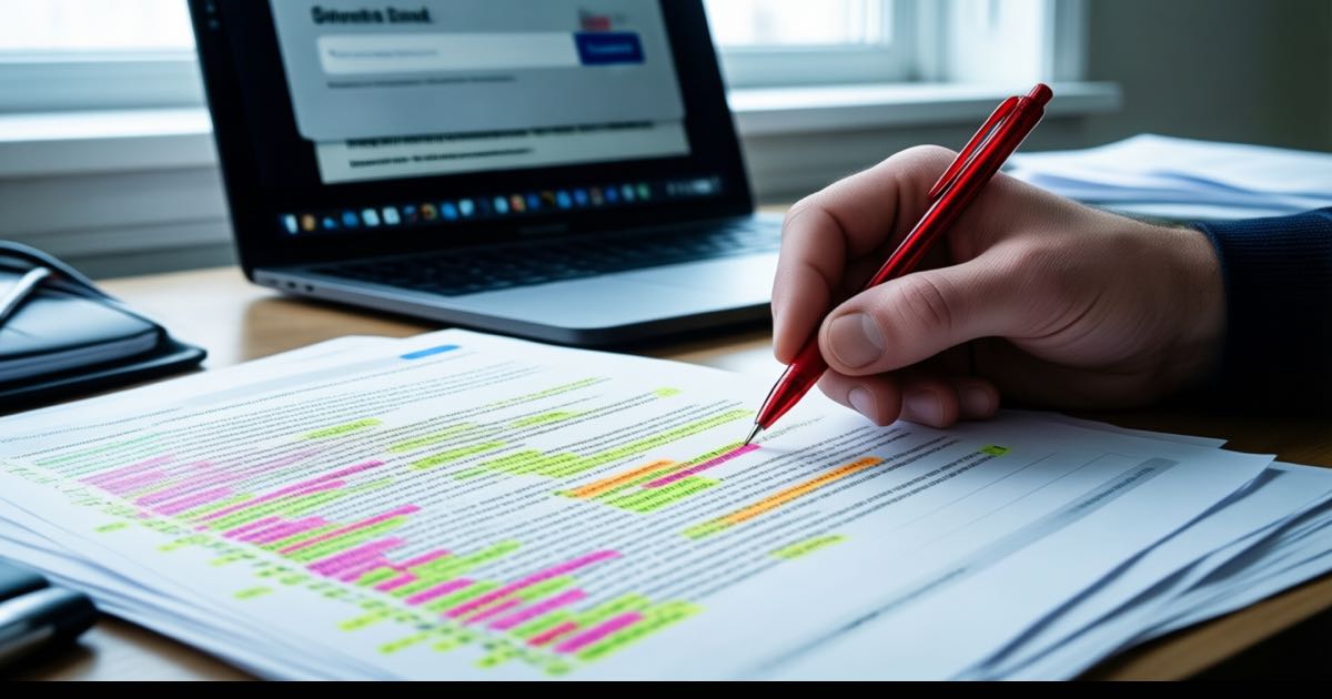 A researcher's hand circling a footnote marker on printed web pages with a red pen, laptop in background, documentary photography