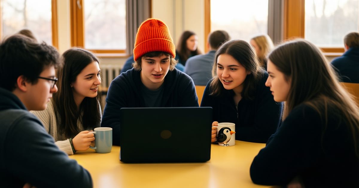 Young adults in a university common room discussing around a laptop, one wearing a bright beanie, one holding a mug shaped like a native bird, warm afternoon light, candid documentary photography