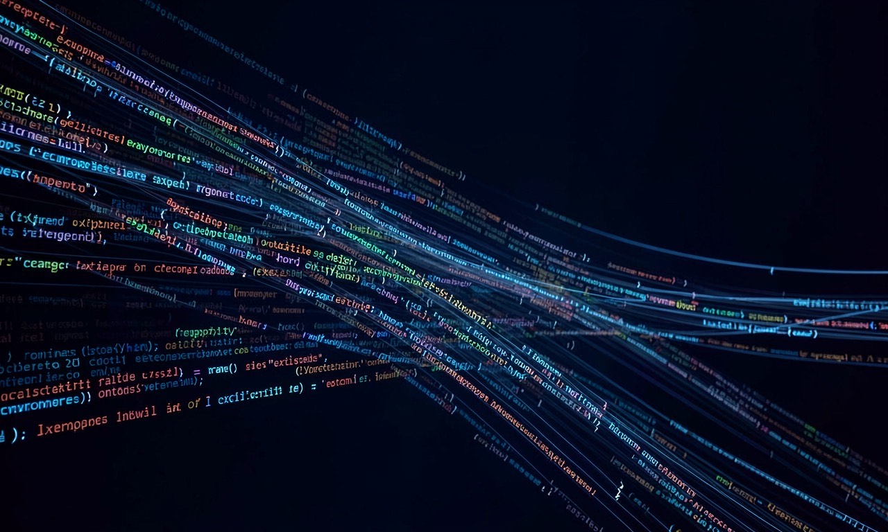 A dark abstract composition of layered data streams and encrypted code fragments dissolving into light, representing the history of export control failures.