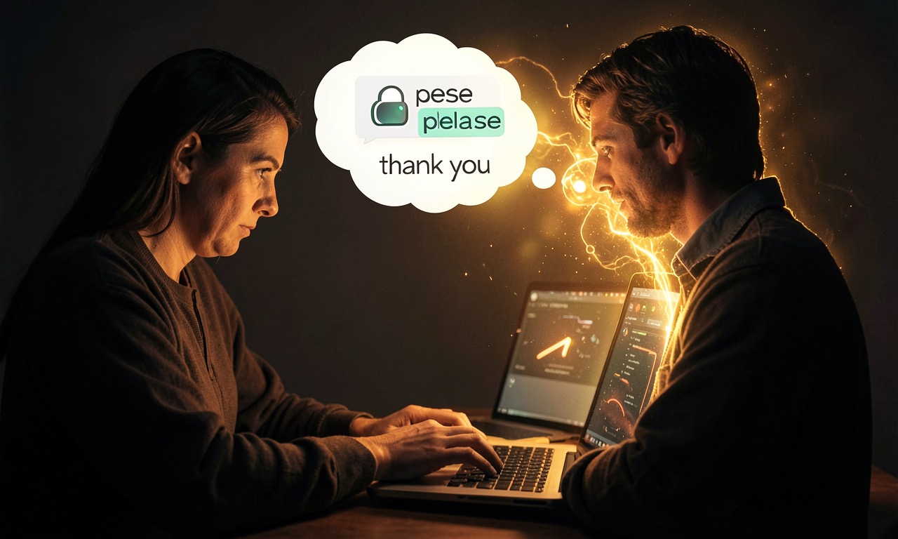 Person typing at a laptop with a chatbot interface saying 'please' and 'thank you' beside a giant electricity meter